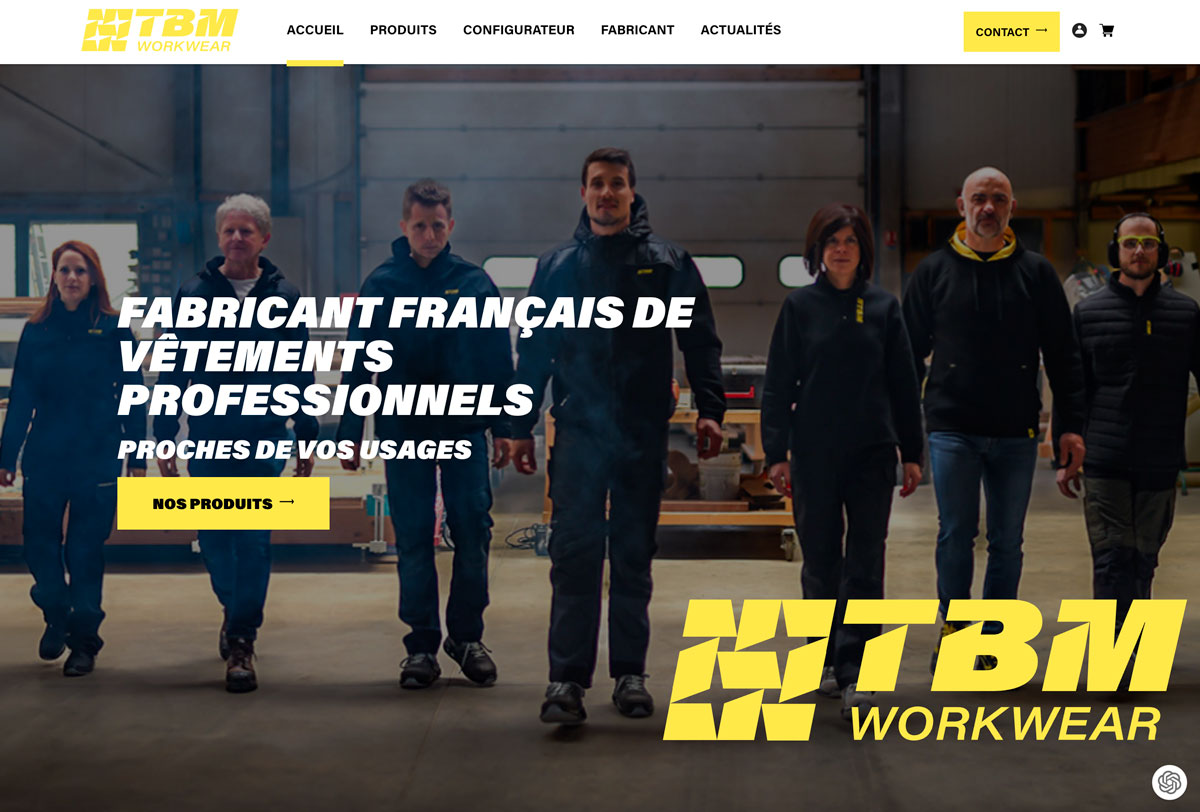 Site e-commerce de TBM Workwear, vêtements professionnels